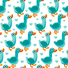 Seamless pattern from farm birds cartoon flat illustration. Duck and goose. Vector background