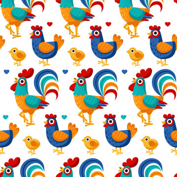 Seamless pattern from farm birds family cartoon flat illustration. rooster hen chicken egg. Vector background
