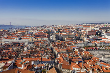Baixa District of Lisbon seen from the Castelo de Sao Jorge aka Saint George Castle with the Figueira Square, Santa Justa lift and Carmo Convent Ruins. Portugal.