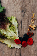 Nuts, dried fruits and greens
