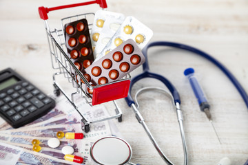 Shopping cart with pills,money and calculator