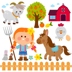 Farmer girl and farm animals. Vector illustration collection