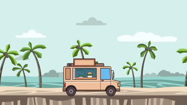 Animated food truck riding on the beach. Moving vehicle on seascape, side view. Flat animation