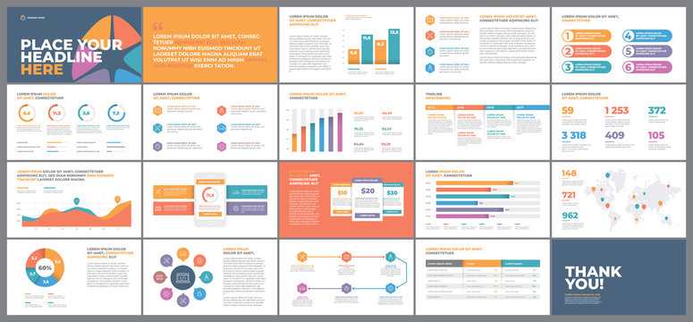 Presentation Template design. Business data graphs. Vector financial and marketing charts.