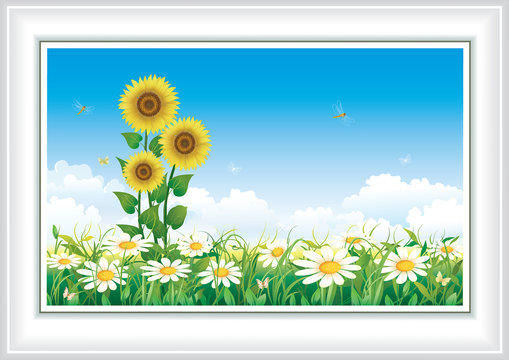 Summer landscape with daisies and sunflowers 