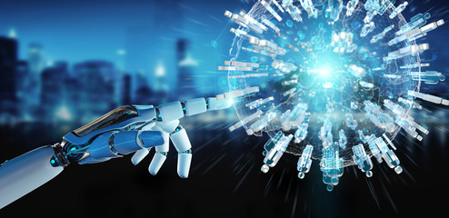 White robot hand using digital globe to connect people 3D rendering