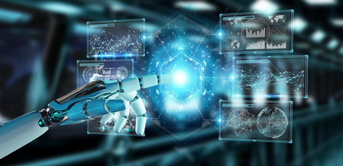 White cyborg hand using digital datas interface 3D rendering