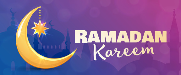 Fototapeta na wymiar Ramadan Kareem greeting card. Islamic golden crescent moon and star. Horizontal banner for muslim holy month Ramadan. Vector