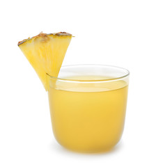 Glass with delicious pineapple juice on white background