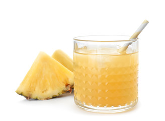 Glass with delicious pineapple juice on white background