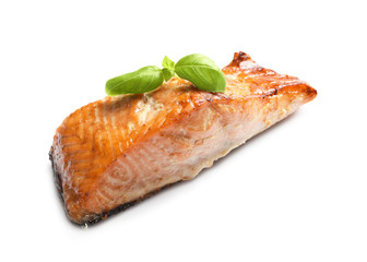 Tasty freshly cooked salmon on white background