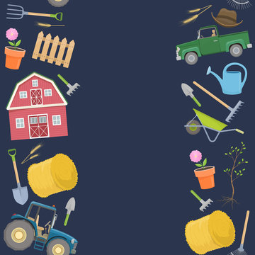 Seamless borders of colorful farming equipment icons. Farming tools and agricultural machines decoration. Vector