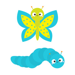Caterpillar butterfly insect icon set. Baby collection. Crawling catapillar bug. Cute cartoon funny character. Smiling face. Flat design. Colorful yellow blue color. White background. Isolated.