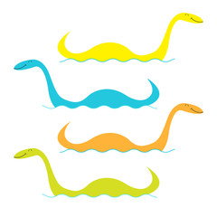 Loch Ness Nessy fictional creature big set. Water monster with eye, tail Swimming floating Sea ocean wave. Dinosaur shape. Funny Cute cartoon character. Baby collection. Flat design. White background.