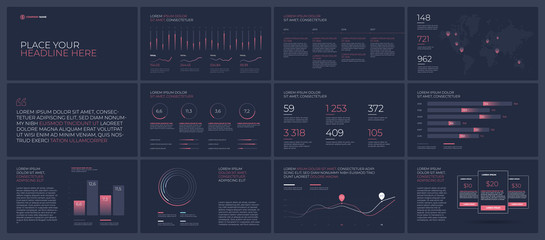 Neon light presentation templates elements on a dark background. Vector infographics. Use in Presentation, flyer and leaflet, corporate report, marketing, advertising, annual report, banner.