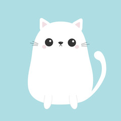 White cute sitting cat baby kitten. Kawaii animal. Cartoon kitty character. Funny face with eyes, mustaches, nose, ears. Love Greeting card. Flat design. Blue background Isolated.