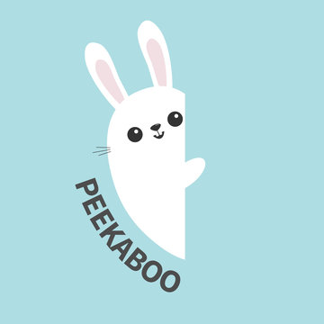 White bunny rabbit holding wall signboard. Cute cartoon funny animal hiding behind paper. Happy Easter symbol. Peekaboo text. Flat design. Pastel blue color background.