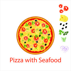Pizza with seafood flat icon isolated on white background. Pizza food silhouette. Food menu illustration isolated. Vector design element