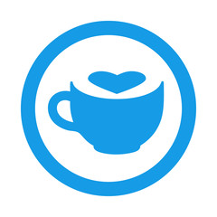Icono plano taza de cafe con corazon espacio negativo en circulo azul