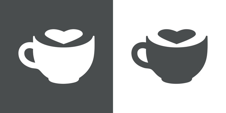 Logotipo taza de cafe con corazon espacio negativo en gris y blanco