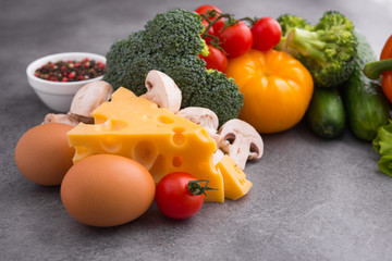 Raw fresh vegetables, pepper, cucumber, mushrooms