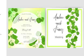 Save the date card, wedding invitation, greeting card with beautiful flowers, green leaves of linden