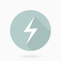 Fine white icon with lightning in circle. Flat design with long shadow