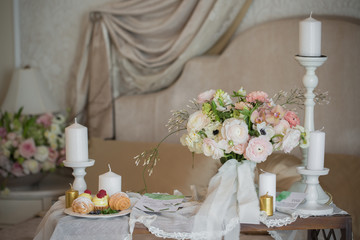Beautiful wedding rustic bouquet with white roses.