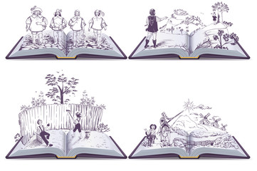 Obraz premium Set open book illustration musketeers, Tom Sawyer and Don Quixote