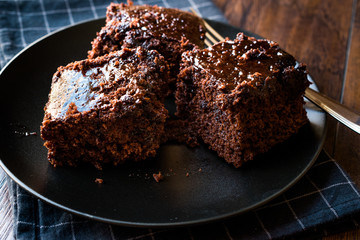 Moist Chocolate Sponge Cake Brownie Pieces in Black Plate