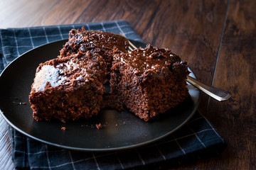 Moist Chocolate Sponge Cake Brownie Pieces in Black Plate