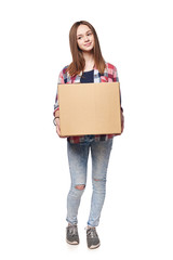 Delivery, relocation and unpacking. Smiling young female holding cardboard box standing in full length, isolated on white background