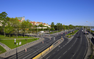 Warsaw, Poland - Panoramic view of Wybrzeze Gdanskie Coast artery with historic old town quarter in background
