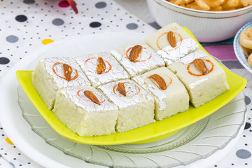 Indian Sweet Food Badam Barfi Also Know As Mithai, barfee, Mawa Barfi, Mava barfi, Almond Sweet, khoya Burfi Indian Popular Sweet Made up of Coconut, Mawa, Milk and Sugar