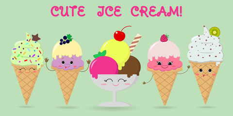 A set of five different sweet ice cream smiley on a background with text. Cartoon Style. Flat , vector illustration.