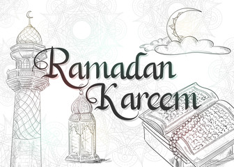 Ramadan Kareem. The holy book of the Koran, the tower of the mosque, the festive lantern and the moon