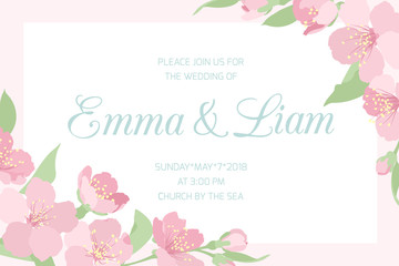 Wedding marriage invitation card template. Horizontal landscape layout. Border frame corners decorated with pink cherry sakura tree blossom spring flowers. Save the date RSVP. Text placeholder.