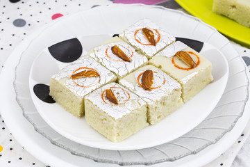 Indian Sweet Food Badam Barfi Also Know As Mithai, barfee, Mawa Barfi, Mava barfi, Almond Sweet, khoya Burfi Indian Popular Sweet Made up of Coconut, Mawa, Milk and Sugar