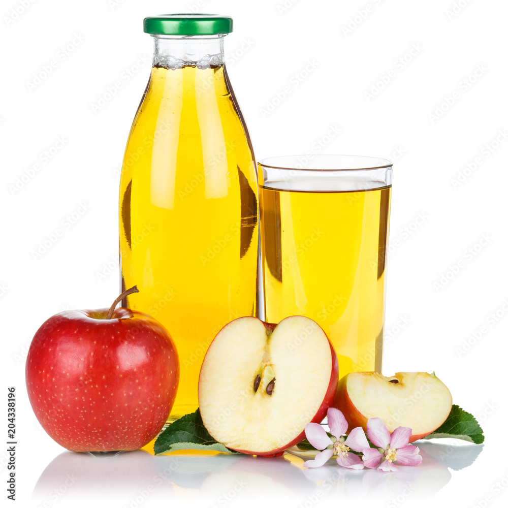 Fototapete Apfelsaft Apfel Saft frisch Äpfel Flasche Fruchtsaft Quadrat freigestellt isoliert