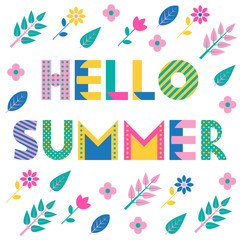Fototapeta na wymiar Hello Summer. Trendy geometric font. Text, foliage and flowers isolated on a white background. Memphis style of 80s-90s.