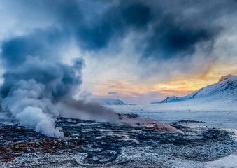 Steaming fumaroles at sunset, Namafjall, Iceland