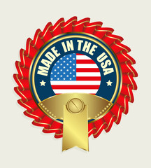 Round emblem with red ribbons and silhouette of a striped flag with stars.