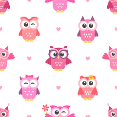 Seamless pattern with owls girls