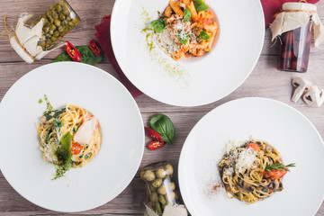 Food set of pasta with mushrooms, meat balls and chicken