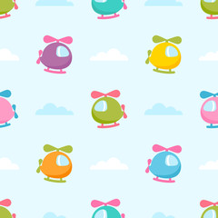 Seamless pattern with colorful helicopters on the sky