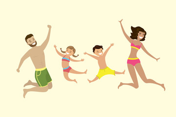 Fototapeta na wymiar Happy caucasian family jumping in swimsuits,