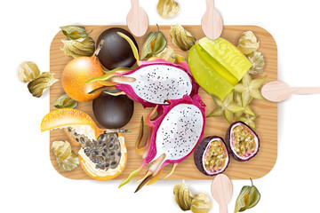 Tropic fruits pattern Vector realistic. Dragon fruit, granadilla, passion fruits, starfruit, physalis top views