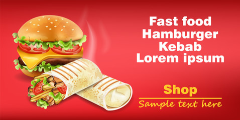 Burger and Shawarma Kebab fast food Vector. Detailed illustrations