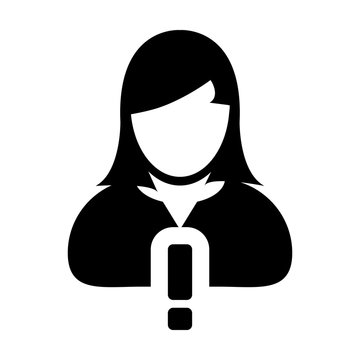 recommend clip art: Alert icon vector female user person profile avatar symbol for caution information and support service in flat color glyph pictogram illustration