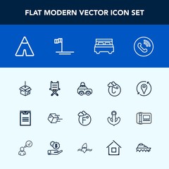 Modern, simple vector icon set with transportation, box, ring, water, outdoor, bag, call, thermometer, fahrenheit, house, circle, interior, shipping, location, bed, sign, upload, sea, travel icons
